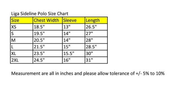 Liga Sideline Polo Shirt - Size Chart